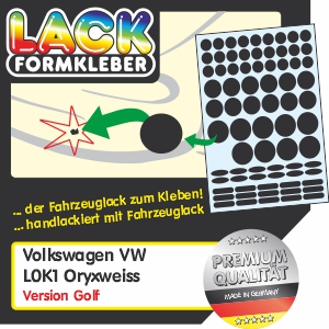 VW Lack L0K1 Oryxweiss Lack ausbessern Spot-Repair. Kleinere VW Oryxweiss Lackschäden mit Lackformkleber statt Lackstift ausbessern. Kennzeichenlöcher überkleben.